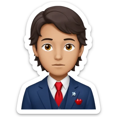 Number Five from "The Umbrella Academy": portrait of slim 16 yo teen (face, neck, shoulders, chest) in sarcastic pose, oval face with high cheekbones, gray eyes, dark brown wavy side-swept hair. Uniform: dark blue blazer with red trim, white shirt, black tie, diamond vest. sticker