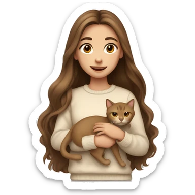A girl with long brown hair, brown eyes, a begie jumper and she holding ha light brown cat sticker