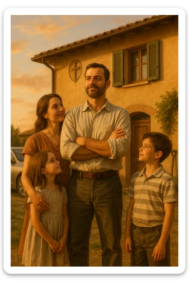 Uomo tra i 35 e i 45 anni, in piedi con postura fiera davanti alla sua casa, circondato dalla famiglia: moglie e figli lo guardano con rispetto e affetto. Indossa abiti semplici ma ordinati, simbolo di lavoro e stabilità (camicia, pantaloni, magari una cassetta degli attrezzi o una valigetta vicino). Sullo sfondo elementi che richiamano i suoi ruoli: casa ordinata, auto familiare, strumenti di lavoro, simboli di protezione e presenza. Espressione serena, forte ma accogliente. Colori caldi, luce naturale del tramonto. Stile realistico, atmosfera rassicurante e simbolica in italia, immagine realistica sticker