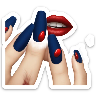 long dark blue manicure at the mouth with red lipstick sticker