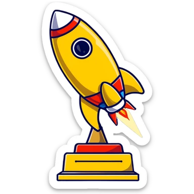 Golden rocket achievement award, shiny gold rocket on a trophy stand sticker