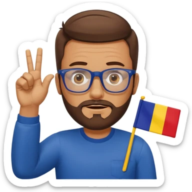A brown-haired man with a designer stubble beard and rectangle glasses. He shrugs in a "I don't know" gesture, In the background the Romania flag. sticker