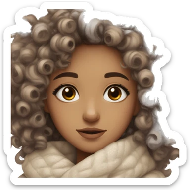 curly hair girl cozy winter clean girl aesthetic doe eyes medium neutral toned skin  sticker