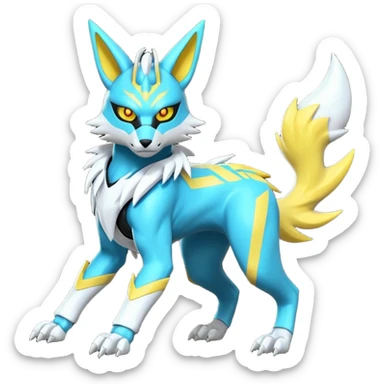 Shiny cyan yellow white electric complex futuristic white-cyber-masked Zeraora-Renamon-Electrike-Umbreon-Lombax-Weregarurumon-fusion-creature (full body sticker