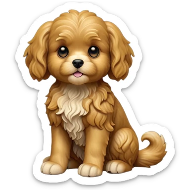 cinematic-[cavoodle dog]-realistic-full-body-sitting-emoji,-tail-resting-loosely-beside-its-paws,-head-tilted-dramatically,-wavy-[solid golden]-fur,-simplified-yet-realistic-focused-features,-highly-detailed,-glowing-with-an-almost-sarcastic-glow sticker