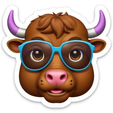 generate an emoji of a bull's face that's in a close up. the bull is travelling. maybe wearing sunglasses or drinking a drink or carrying a suitcase sticker