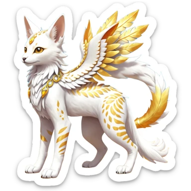Epic complex fantasy glorious detailed futuristic divine godly angelic feathery sunny, white, albino, pastel, golden, orange glowing sparkly, realistic Fakémon-Sprigatito-Floragato-Meowscarada-Trico-Sergal-Serval-Solgaleo-Vernid-creature (full body) solarpunk, shiny sparkly with a gold laurel sticker