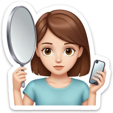 White girl with brown hair looking in a handheld mirror sticker