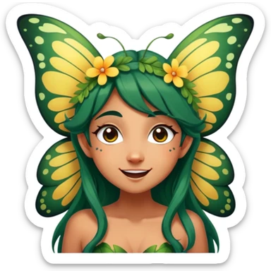 Cinematic Realistic Forest Fairy Portrait, head tilted dramatically with an exaggeratedly amused expression, featuring a striking, nature-infused form with glowing, sun-kissed tanned skin and vividly detailed dark green hair adorned with floral accents. Her expressive eyes brim with playful forest mischief, rendered with vibrant, lifelike textures and dynamic dappled lighting that conveys a spirited, over‐the‐top woodland whimsy showing her large butterfly wings from her back. sticker
