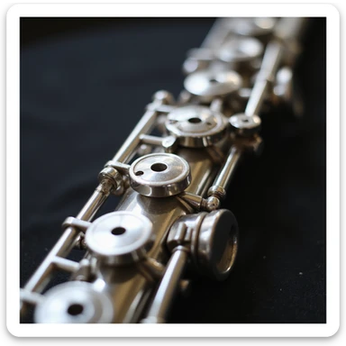 close-up of silver flute showing keys and mouthpiece, realistic metal texture, no person, band instrument, plain background sticker