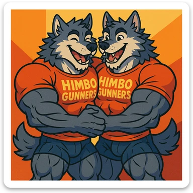two extremely muscular wolf furries wearing 'Himbo gunners' t-shirts, hugging each other, friendly and joyful expressions, very detailed fur and anatomy, exaggerated and highly detailed muscles, high quality sticker