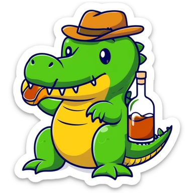 crocodile with a bottle of whiskey sticker