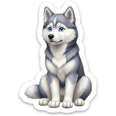 cinematic-[siberian husky]-realistic-full-body-sitting-emoji,-tail-resting-loosely-beside-its-paws,blue eyes-head-tilted-dramatically, -fluffy-[grey and white]-fur,-simplified-yet-realistic-focused-features,-highly-detailed,-glowing-with-an-almost-sarcastic-glow sticker