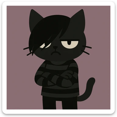 flat toon style emo kitty with side-swept bangs, striped shirt, moody pose sticker