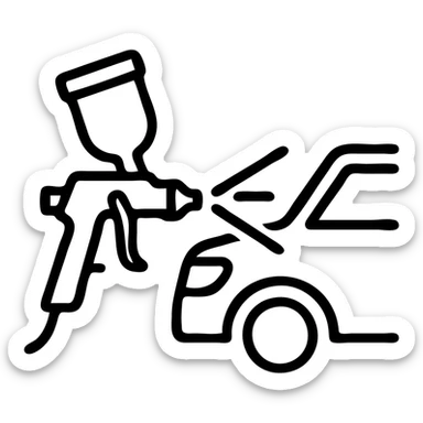 outlined icon of a paint spray gun pointing at a car section, clean lines, glossy black paint spraying out, silver details, modern and simple sticker