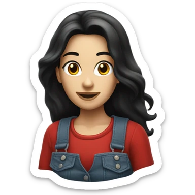 A white lady with long black hair, driving an older red pick up truck sticker