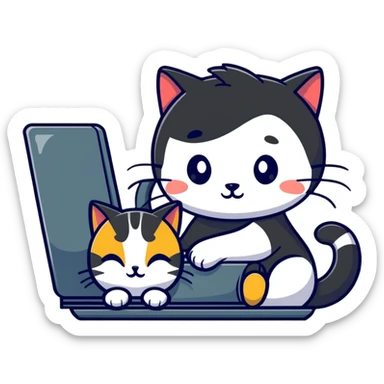 a girl working at a computer with a cat curled up next to the computer sticker