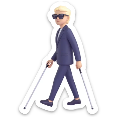 A blind person walking outdoors during the day, holding a single white cane in one hand. The person is wearing sunglasses and walking confidently. Emphasize that there is only one cane sticker