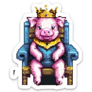 ultra-minimal pixel art pig with a golden crown sitting on a throne, blocky and square like Minecraft, inspired by Technoblade sticker