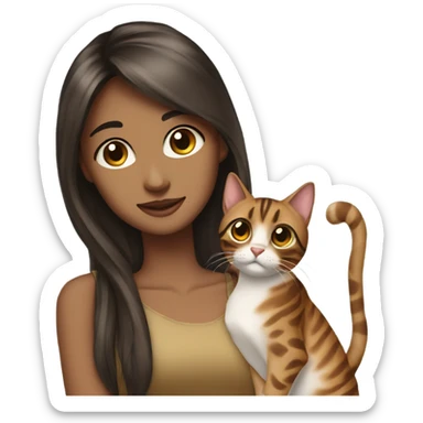 Beautiful woman long dark brown hair Straight bangs hug bengal cat sticker