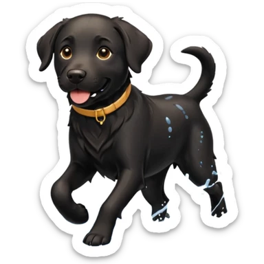 A black Labrador Retriever running through shallow water near a lake, splashing around happily. Natural lighting, motion shot, photorealistic style. sticker