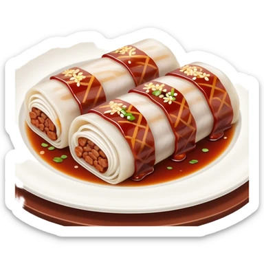 BBQ pork rice noodle roll Char Siu Cheung Fun with reddish meat filling, simplified emoji style with bold outlines and bright colors, cartoon style Guangdong breakfast favorite sticker