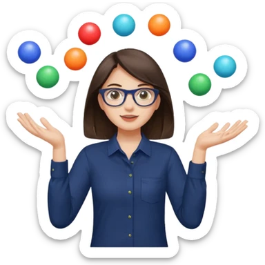 a brunette girl in a navy shirt wearing glasses is  juggling 5 multicolored balls with two hands  sticker