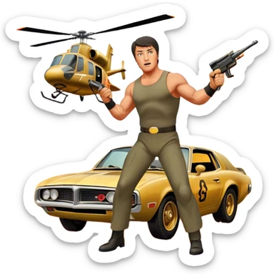 Icon for Action Movie: A vintage movie poster-style design featuring intense action scenes with explosions, weapons, and dramatic poses of Stallone. Include cars and helicopters flying out of flames in the background. Bold typography and retro cinematic style. Transparent background. sticker