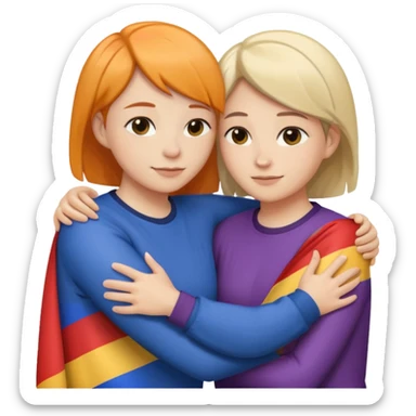 Lesbians hugging. One has short hair other has lond has. Add lesbian flag in the background sticker