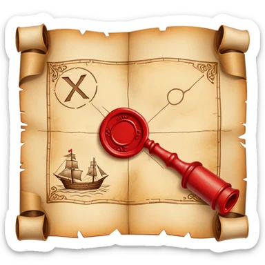 A rolled up treasure map with red wax seal, partially unfolded showing an X sticker
