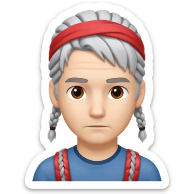 young climber man with white/grey braided hair and headband sticker