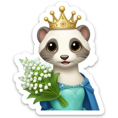 Ferret with a crown and a ball gown holding Lilly of the valley flowers sticker