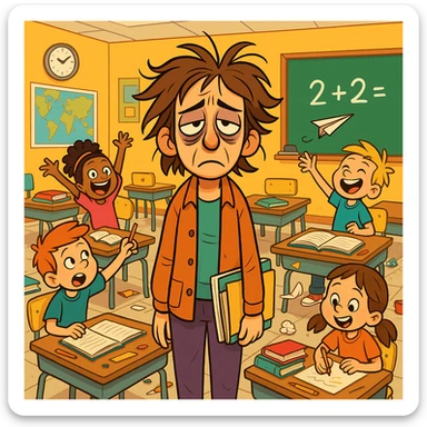digital cartoon art of a exhausted teacher in a bustling classroom sticker