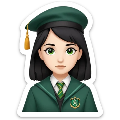 Pansy Parkinson in harry potter, wear hogwarts slytherin uniform, black hair, not wearing hat sticker