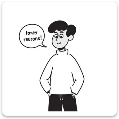 guy wearing a white jumper, speech bubble saying 'too few neurons' sticker