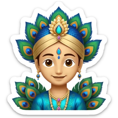 Create a cute and divine emoji of Khatu Shyam Ji with a charming smile, glowing aura around the head, traditional Rajasthani attire, peacock feather on the crown, tilak on the forehead, holding a lotus flower, with a soft golden background and spiritual energy radiating from the emoji face." sticker