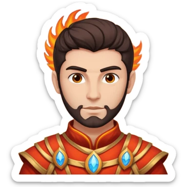 Vulcan, Fire God from Rome Mythology with dark brown hair, orange and red outfit, light tan skin sticker