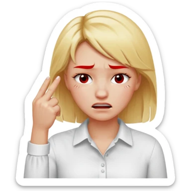 blonde girl red faced fake crying with white shirt and hands pointing to her forehead with index and middle finger and the other fingers and inxaxfist position sticker