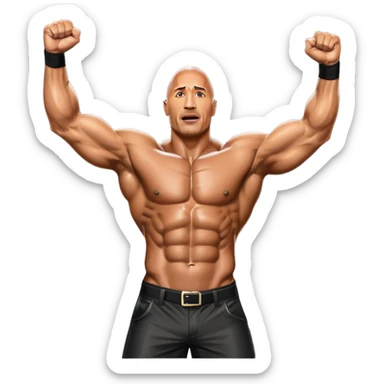 Dwayne 'The Rock' Johnson, covered in oil, striking a powerful pose on stage at the Mr. Universe bodybuilding championship. His muscles are clearly defined, exuding strength and charisma. The backdrop features a professional stage with judges and a cheering audience. Transparent background. sticker