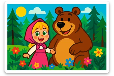 adorable cartoon scene: a blonde girl in a pink dress and headscarf, green eyes, smiling beside a large friendly brown bear in a vibrant pine forest with colorful flowers, bright background sticker