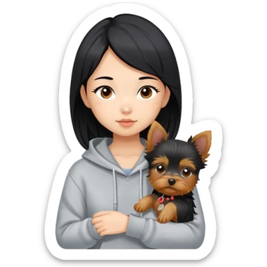 a black-haired Chinese girl in a gey hoodie with a yorkie puppy sticker