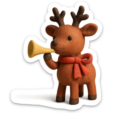 deer with ribbon scarf holding birthday horn in claymation style sticker
