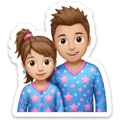 4 year old brown spikey haired boy with blue pajamas with stars on them and a 1 year old brown haired pony tail girl with pink pajamas, and stars on them with light skin. Top left on, can you make them smile more with lighter skin sticker