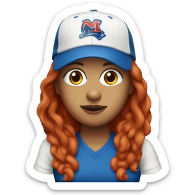 front facing standing up female coach with long red hair, wearing a white t-shirt and a simple baseball blue hat sticker