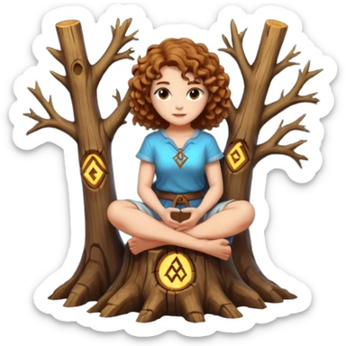 full body woman short curly brown mullet hair brown eyes white skin sitting on tree stump carving glowing rune sticker