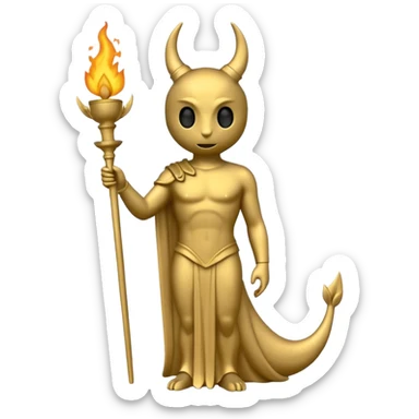 Minimalist emoji-style sticker of a full-body Oscar-like statue in matte gray-gold, with small horns, sharp tail, and faint flames at the base, all in black and muted hues sticker