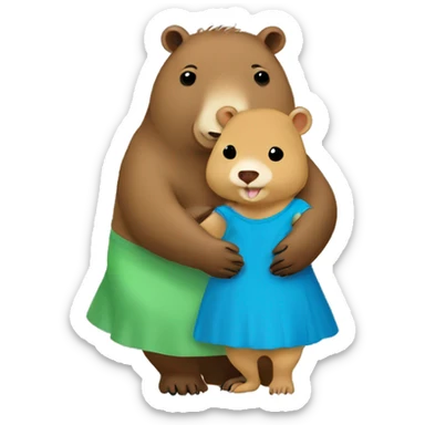 a capybara hugging a baby bear. the capybara is wearing a green dress and the bear is wearing a blue dress. sticker
