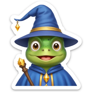 create a peepo the frog emoji that is a wizard like this one called zabuzard but kabukard instead give it a wizard hat and a blue shirt like always give it a good smile sticker
