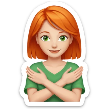 woman with green eyes and orange hair putting her pis on her shoulders (pose) happily  sticker