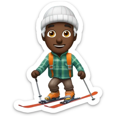 ￼ show me a man wearing an unbutton flannel shirt, snow skiing, downhill holding orange juice and maple syrup while the sky is snowing chocolate eggs sticker